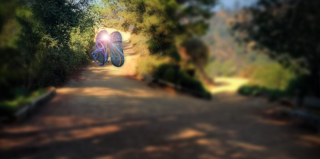 Hiking sandals on trail.