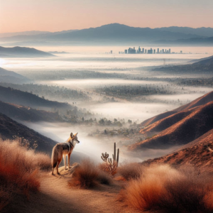 Coyote on a hill overlooks city below