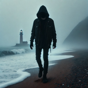 person dressed in black walks along a foggy beach